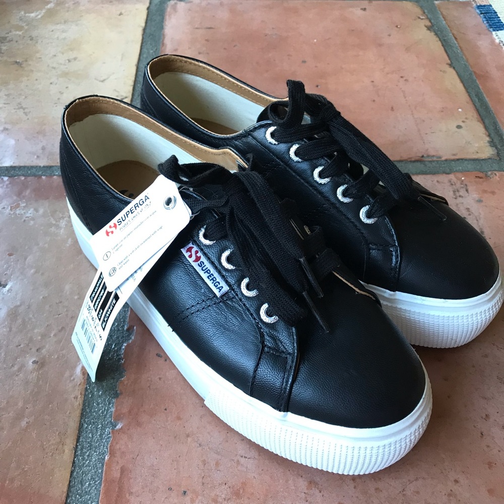 BRAND NEW BLACK LEATHER SUPERGA’S